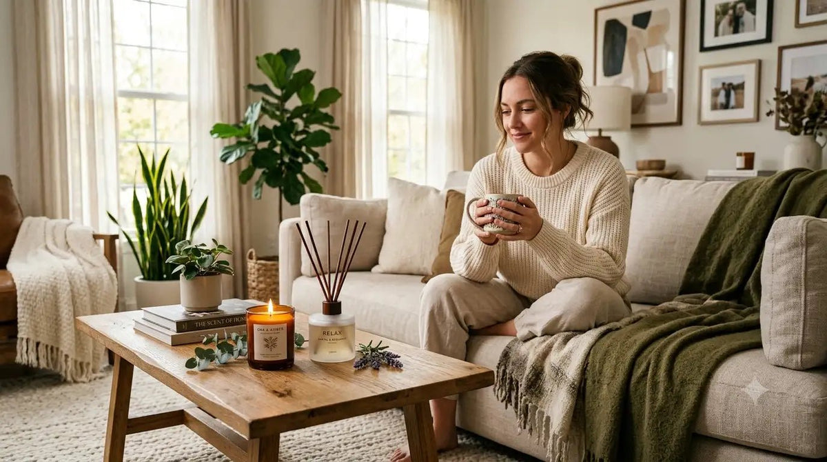 Calm home interior featuring relaxing fragrance and essential oil diffusers