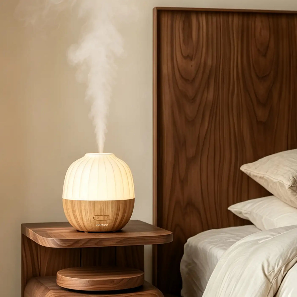 Quiet black ceramic essential oil diffuser releasing cool mist