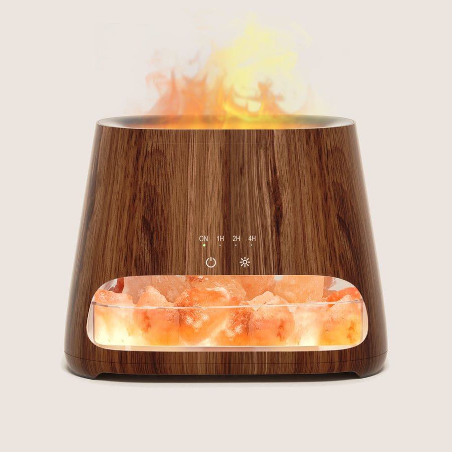 SALKING Himalayan Salt Lamp Diffuser with Dark Wood Grain Finish and Realistic Flame Effect