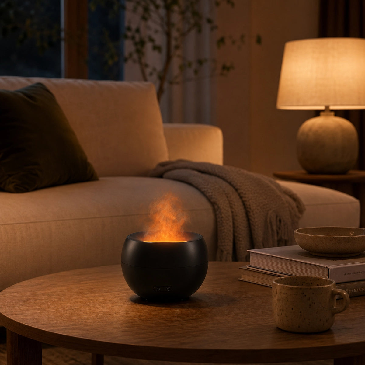 FlameGlow aroma diffuser beside a sofa, books, and warm evening lighting