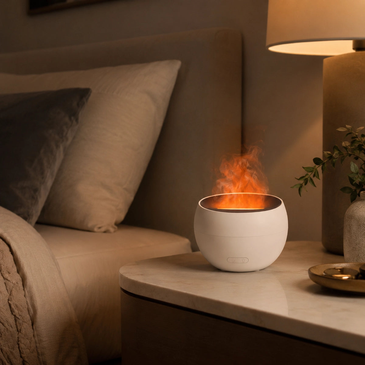 Quiet essential oil diffuser on a bedroom bedside table for nighttime relaxation