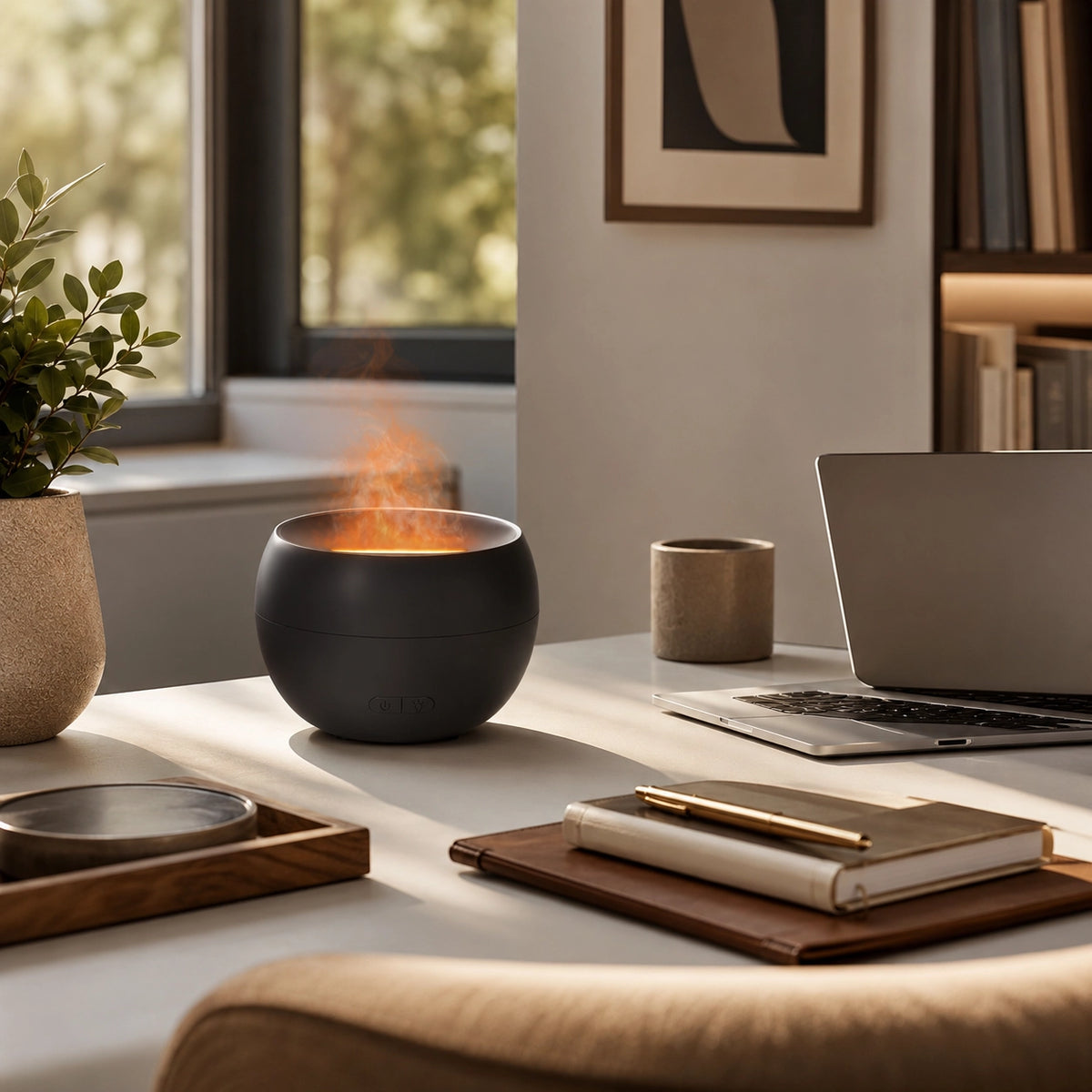 Aroma diffuser on a modern home office desk for focus and wellness