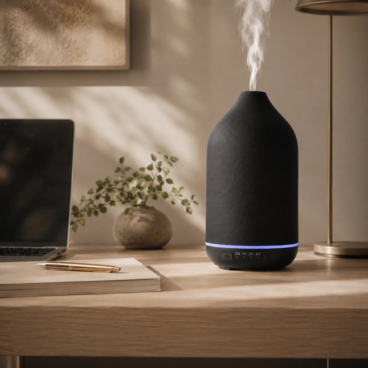 Ceramic essential oil diffuser in a calm home workspace