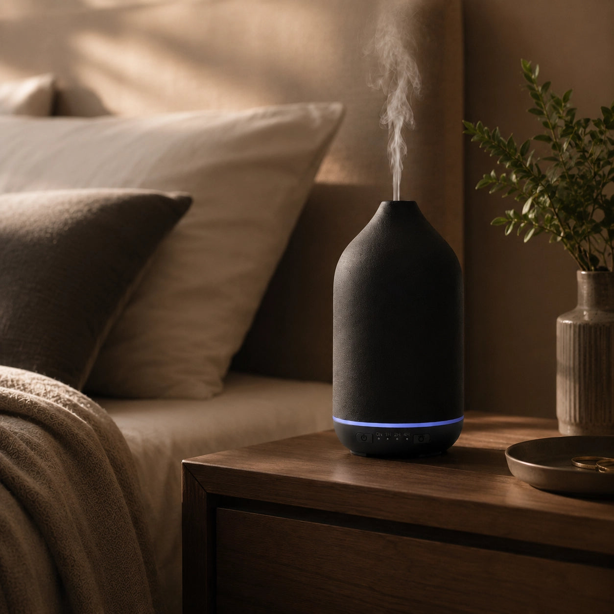 Quiet ceramic essential oil diffuser beside a bed