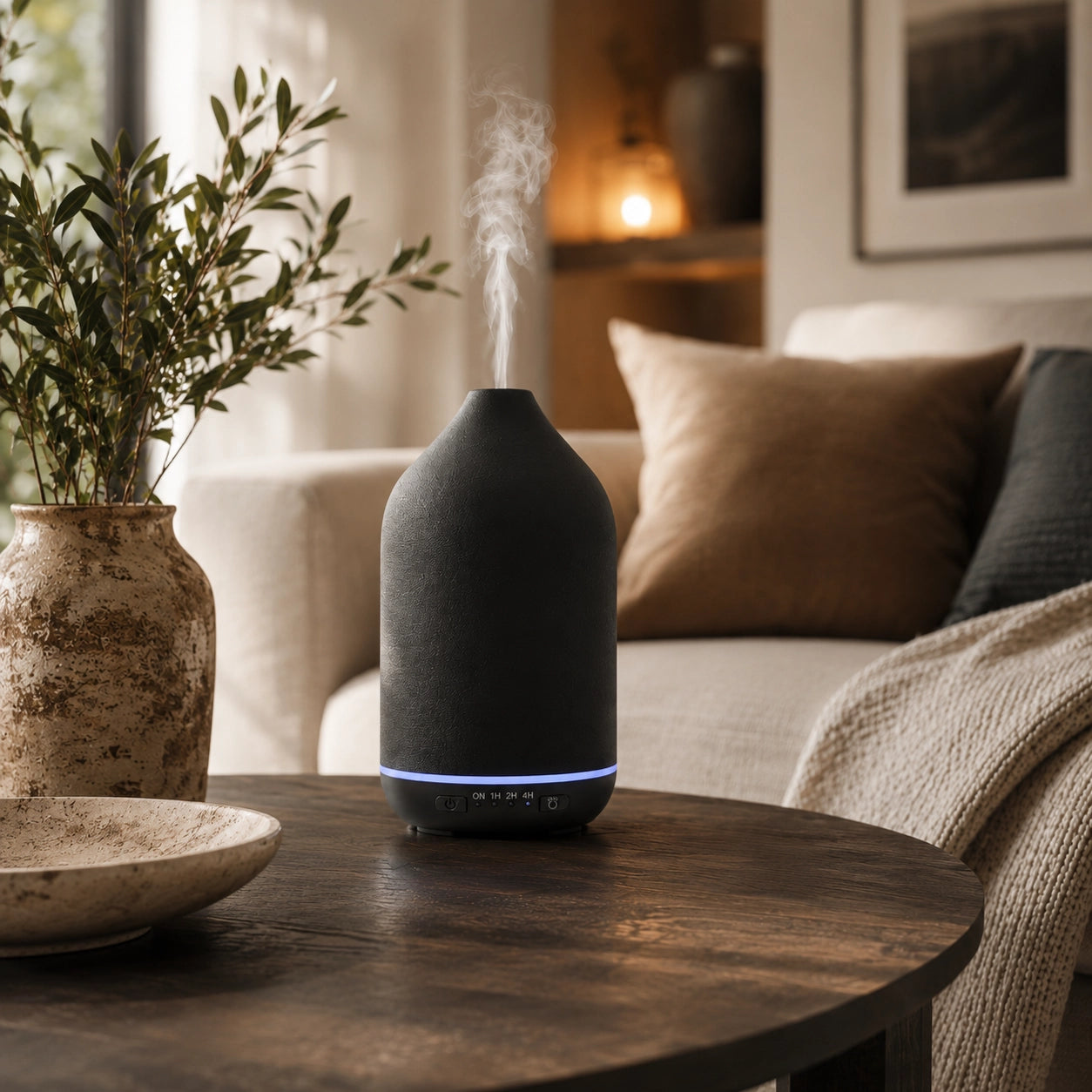 Black ceramic diffuser styled in a modern living room