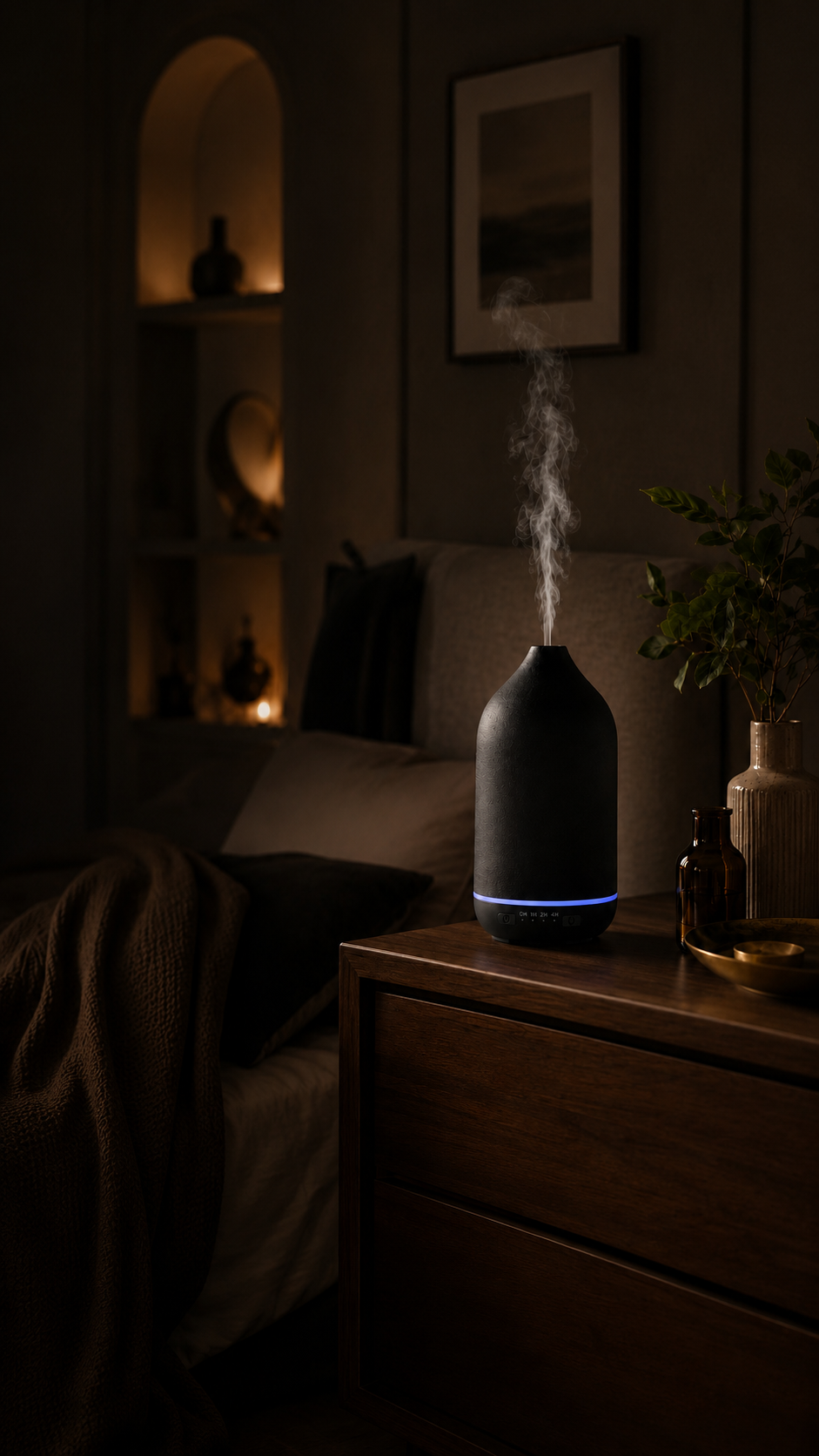 Black ceramic diffuser glowing with ambient LED light