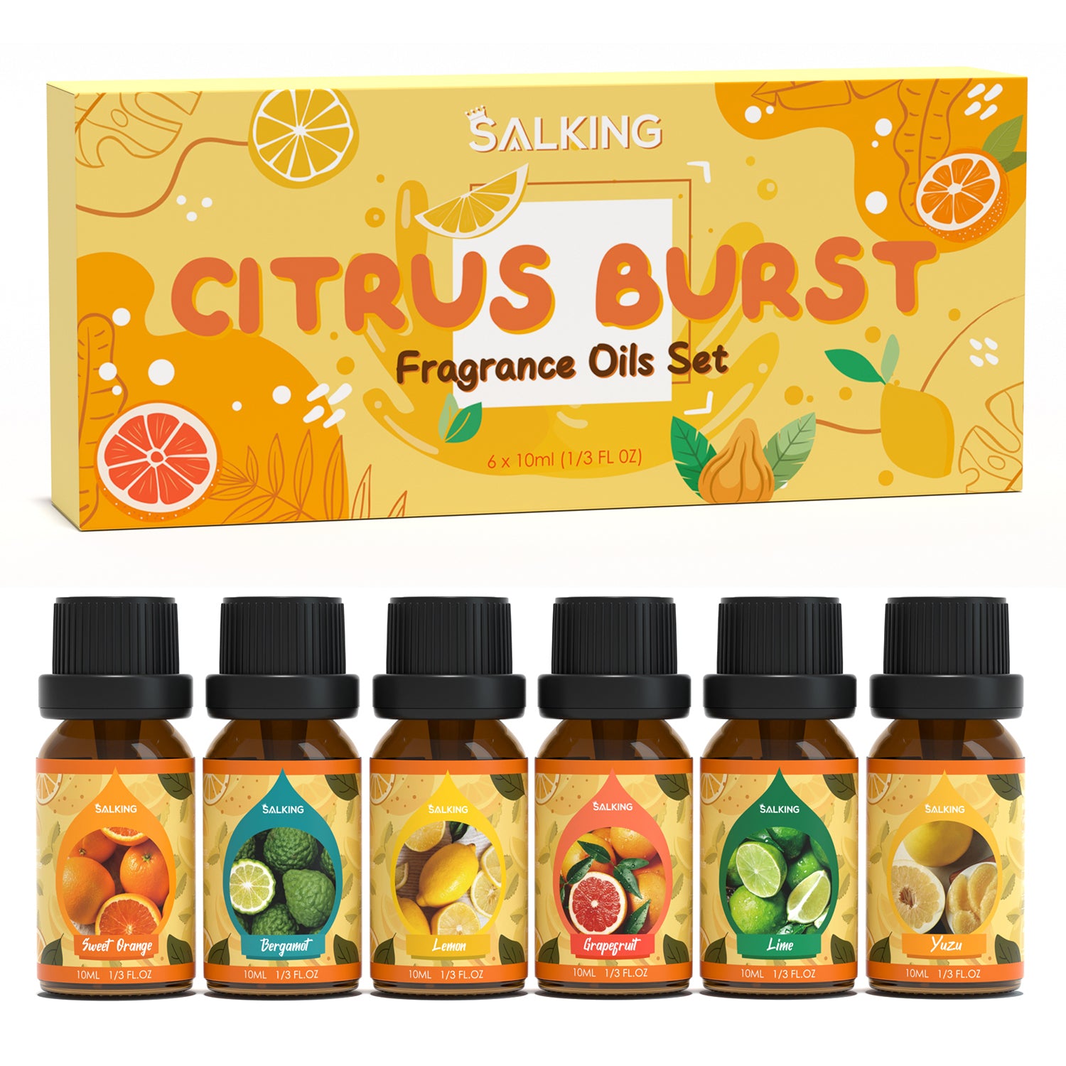 Premium bright orange gift packaging for the SALKING Citrus Burst Collection 6x10ml set.