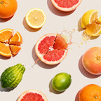 A visual breakdown of citrus scent ingredients including fresh oranges, lemons, limes, and grapefruits.