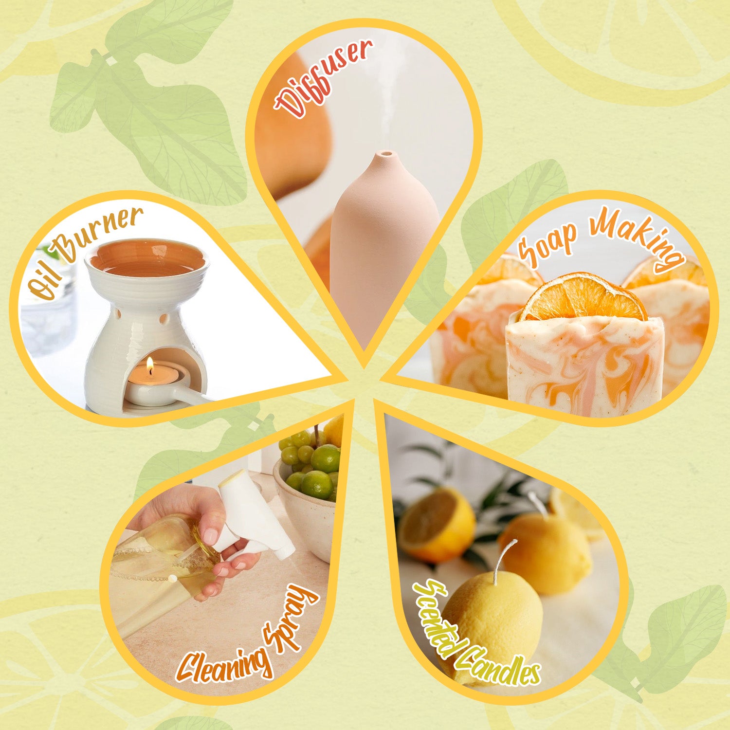 Infographic showing creative ways to use citrus oils in a diffuser to refresh every corner of the home.
