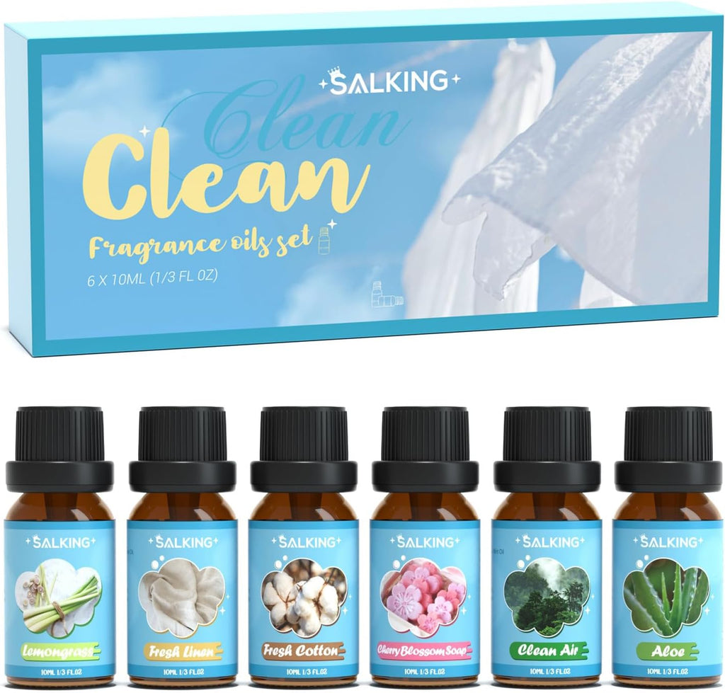 Salking Clean fragrance oils set with six bottles and a box in the background.
