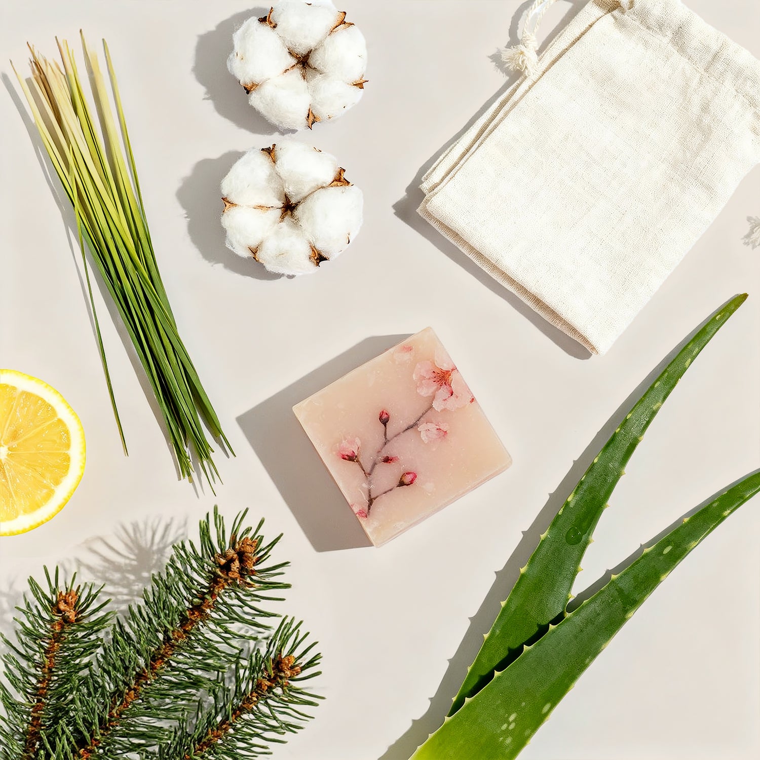 Visual breakdown of clean scent ingredients including lemongrass, cotton bolls, pine, and aloe vera used in the collection.