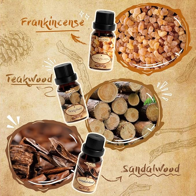 Collage of frankincense, teakwood, and sandalwood products on a textured background.