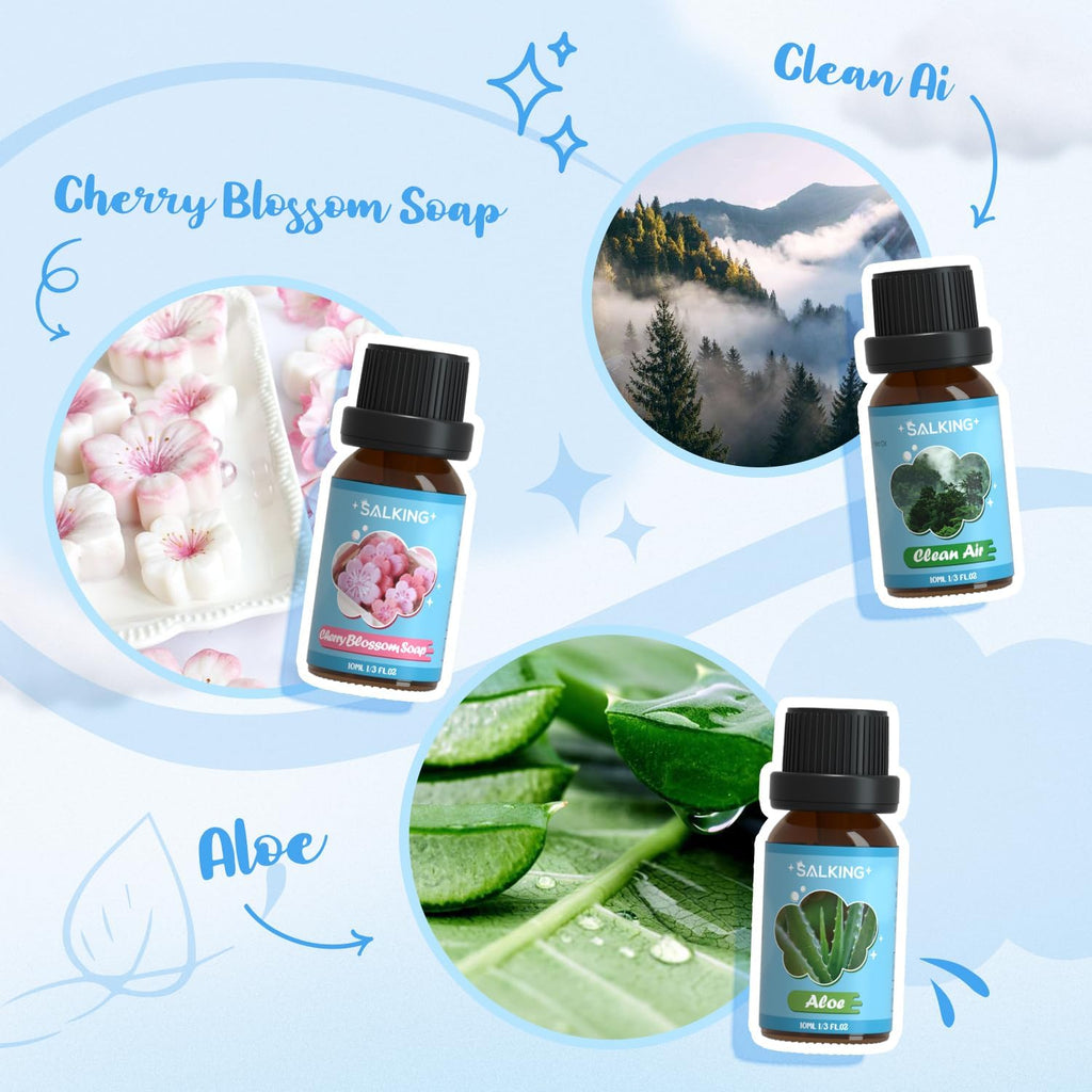 Scent profile illustrations for Cherry Blossom Soap and Green Aloe with bright, watery blue artistic backgrounds.