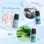 Scent profile illustrations for Cherry Blossom Soap and Green Aloe with bright, watery blue artistic backgrounds.