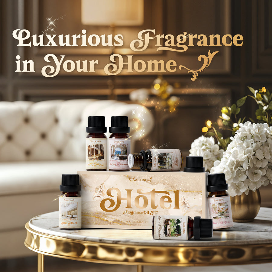SALKING Hotel fragrance collection in a warm, elegant living room home decor setting.
