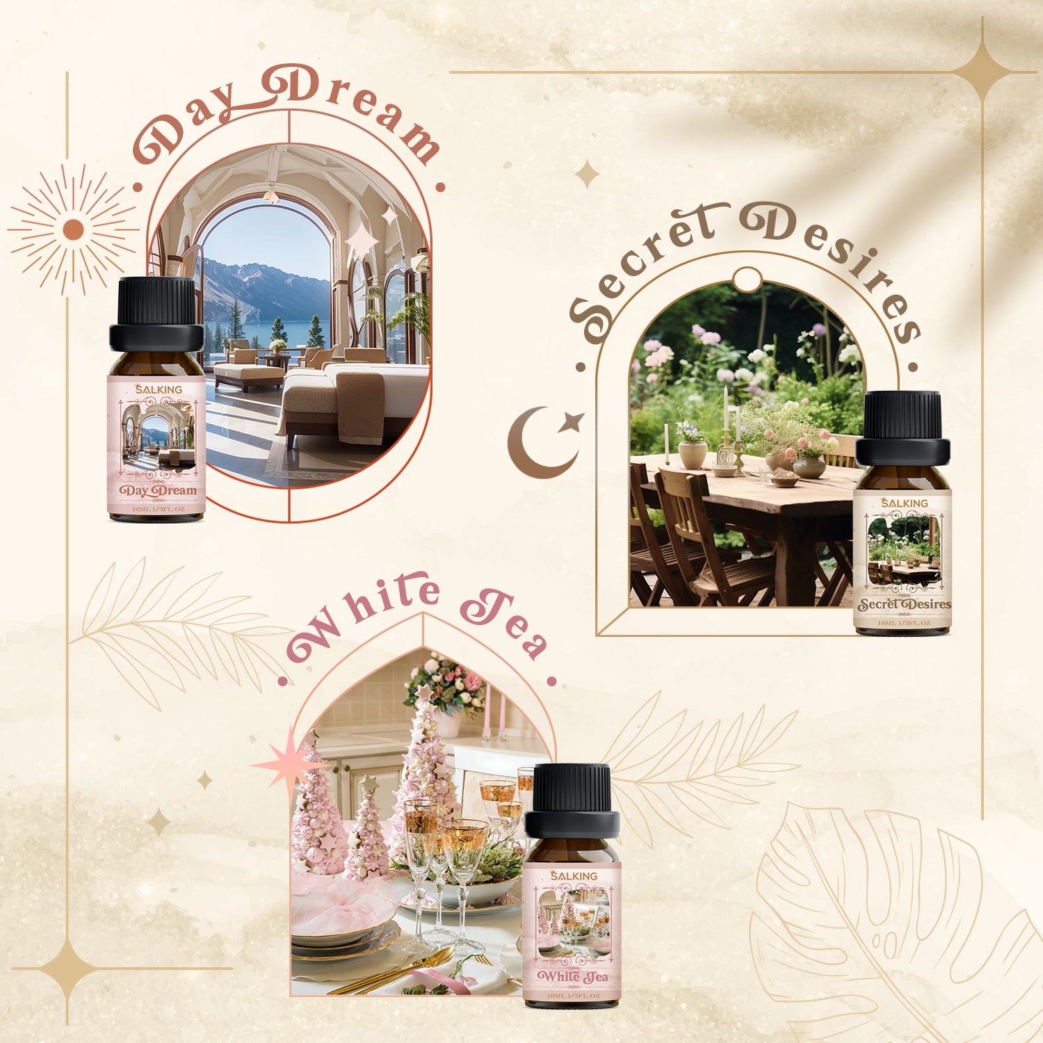 Artistic scent profile cards for Day Dream, Secret Desires, and White Tea essential oil blends.