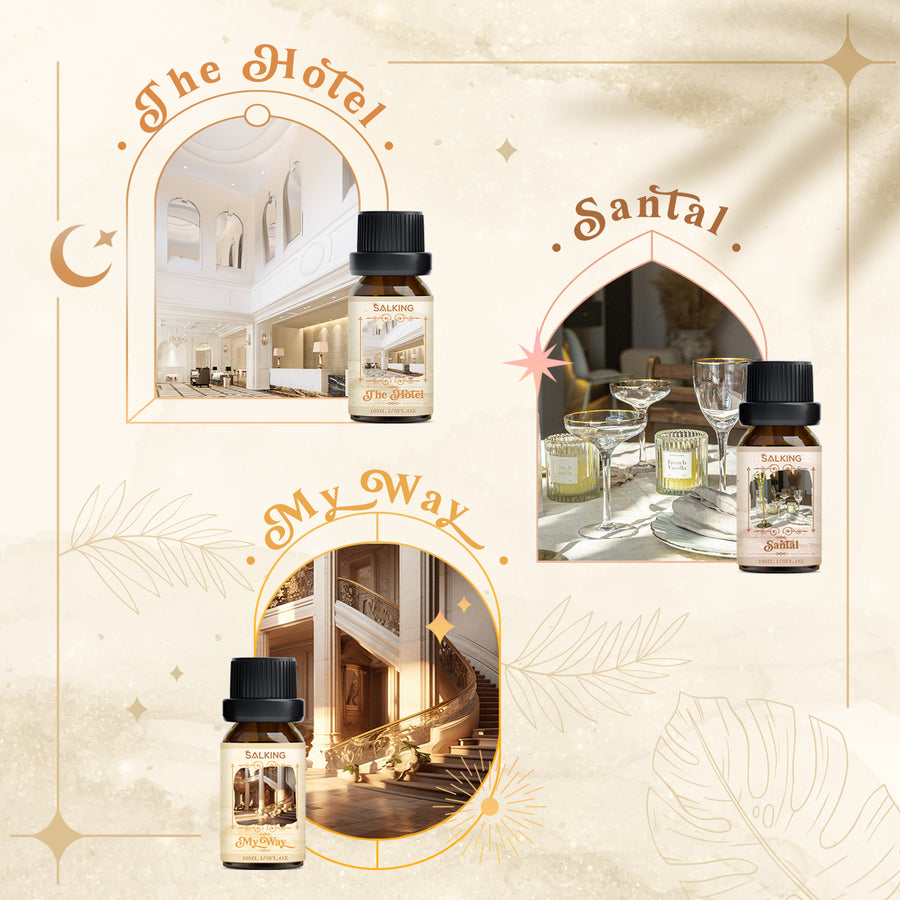 Artistic concept cards illustrating the fragrance notes and moods for 'The Hotel', 'Santal', and 'My Way' signature blends.	