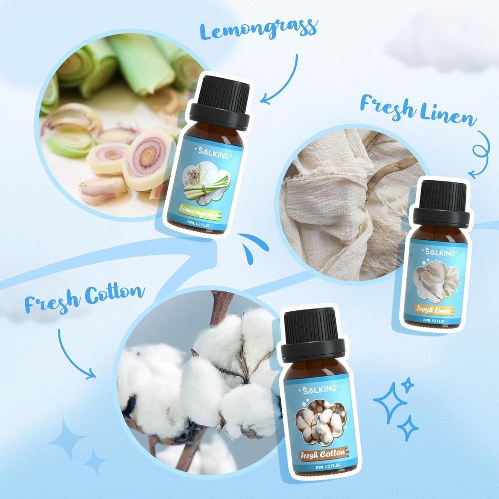 Visual scent narrative for Lemongrass and Fresh Cotton essential oils with clean, laundry-themed artwork.