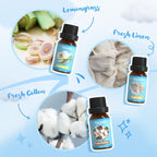 Visual scent narrative for Lemongrass and Fresh Cotton essential oils with clean, laundry-themed artwork.