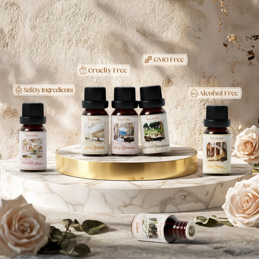 SALKING Hotel oils displayed on marble in a luxury home spa or bathroom setting.