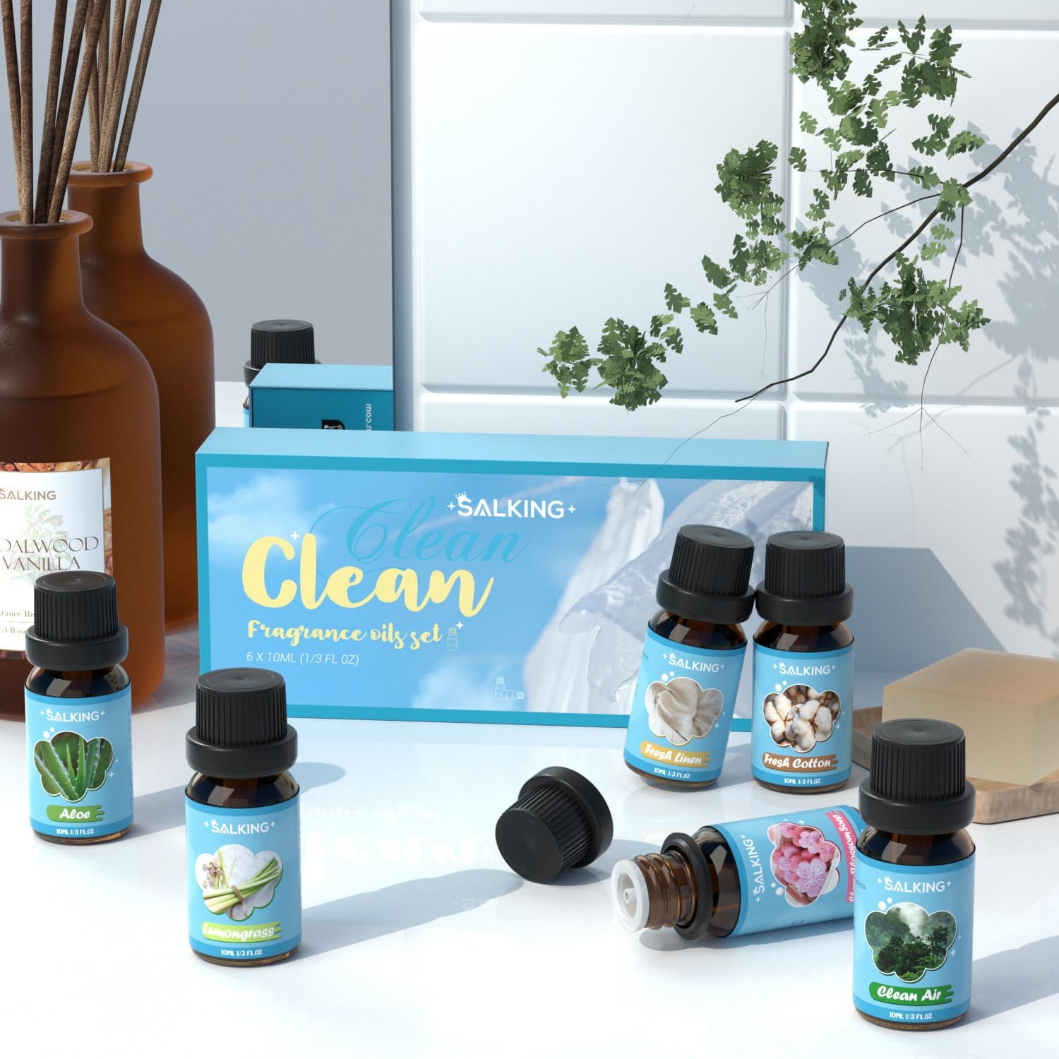 SALKING Clean oils displayed on a modern tray with a diffuser, emphasizing a refreshed and organized home environment.