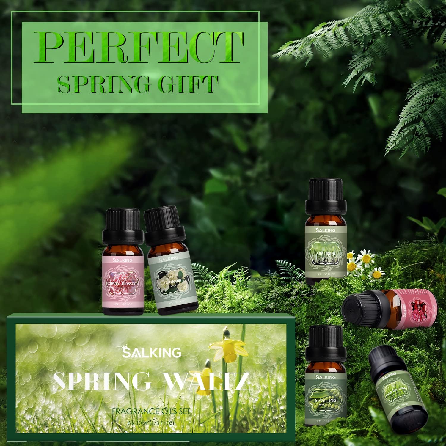 Set of Salking fragrance oils with a 'Perfect Spring Gift' text on a green natural background.