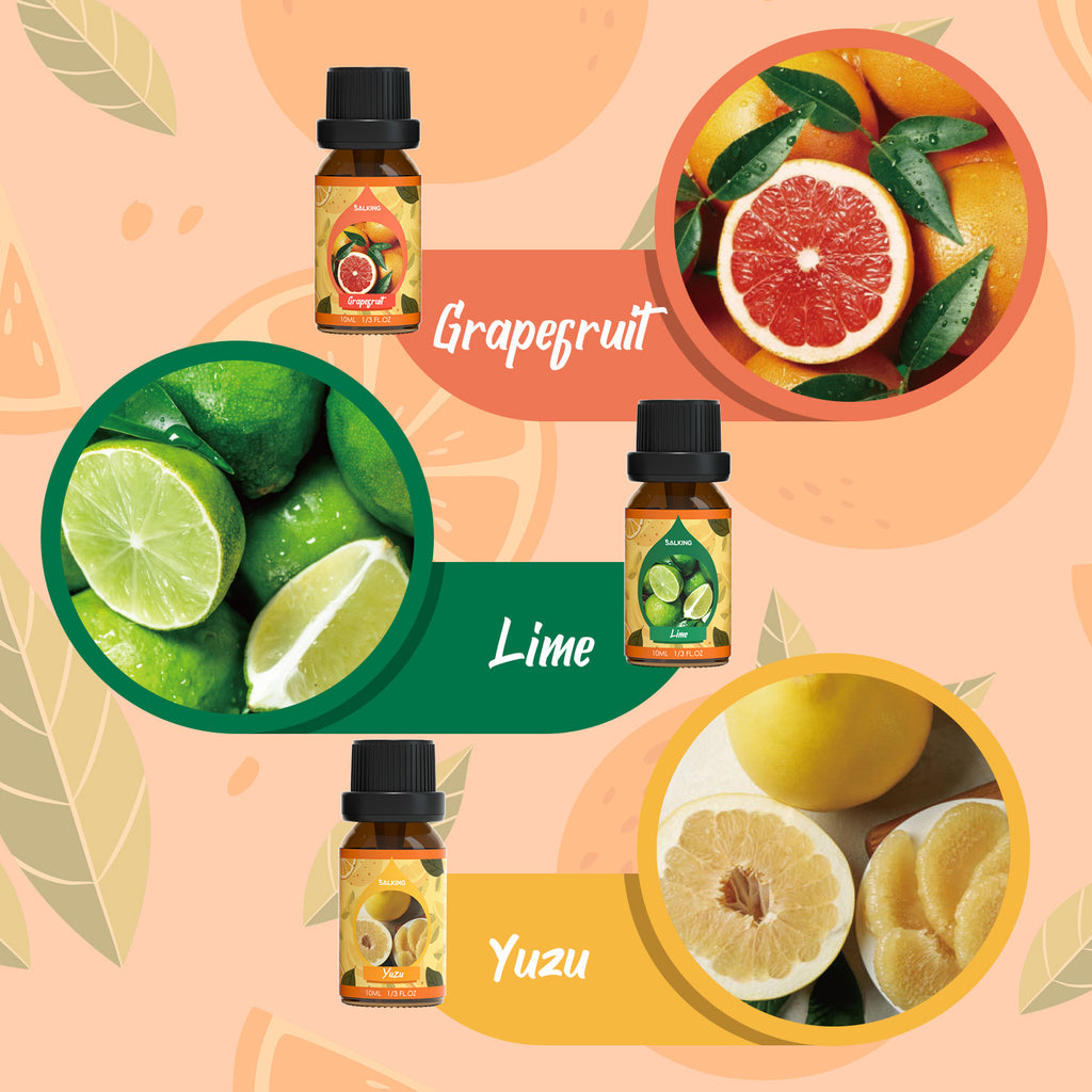 Visual scent profiles for Grapefruit, Bergamot, and Yuzu blends with bright citrus botanical art.
