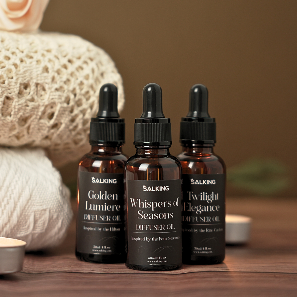 SALKING 30ml Hotel Inspired Essential Oil in a Luxury Spa Bathroom with Folded Towels