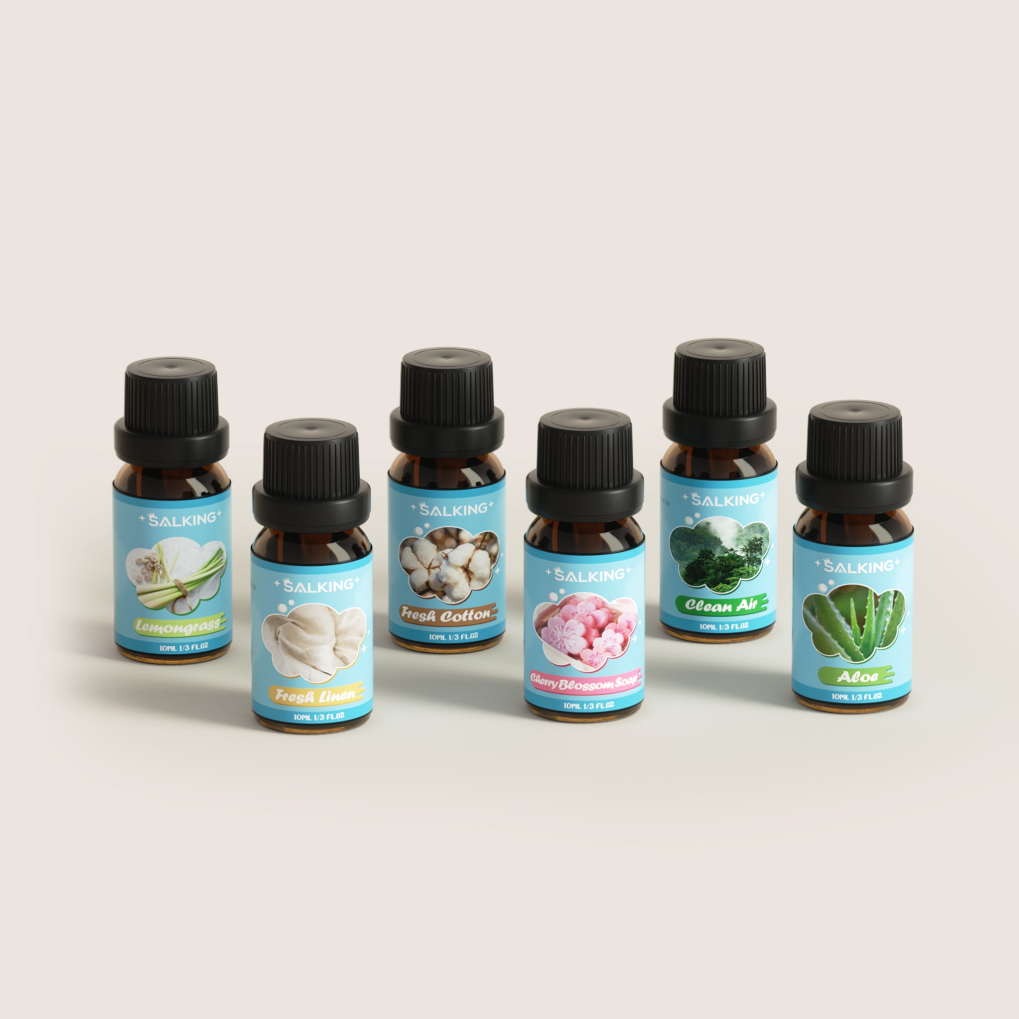 SALKING Clean Diffuser Oils Set: 6x10ml fresh cotton and linen scented essential oils with light blue labels.