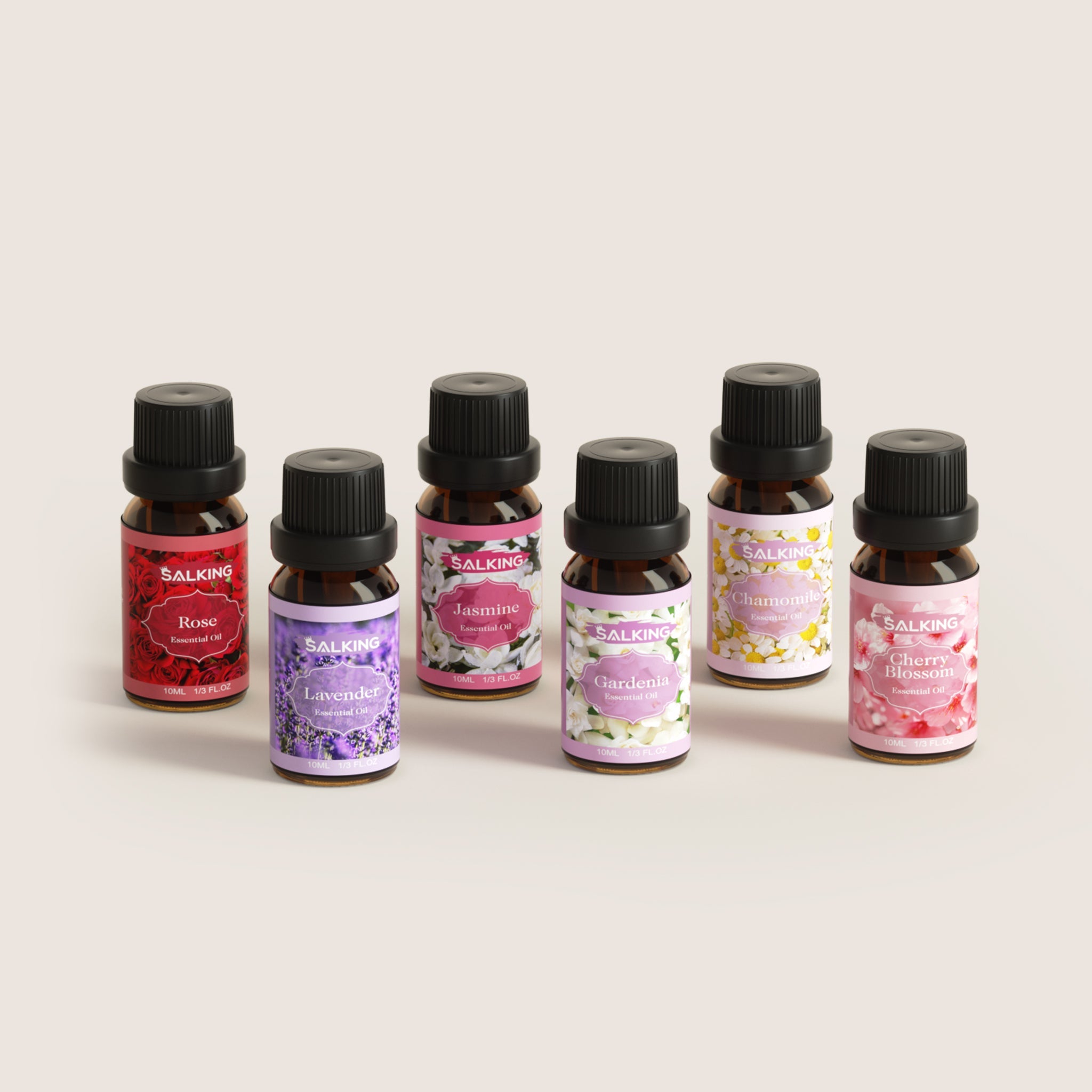 SALKING Floral Diffuser Oils Set: 6x10ml romantic and blooming essential oils with elegant botanical labels.