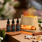 SALKING Holiday Kit: Wooden Grain Salt Lamp Diffuser with Flame Effect and 3x30ml Hotel Oils on a wooden tray with festive decor.