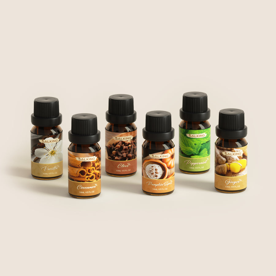 SALKING Spice Essential Oils Set: 6x10ml warm and energizing oils including Cinnamon and Pumpkin Spice with earth-toned labels.
