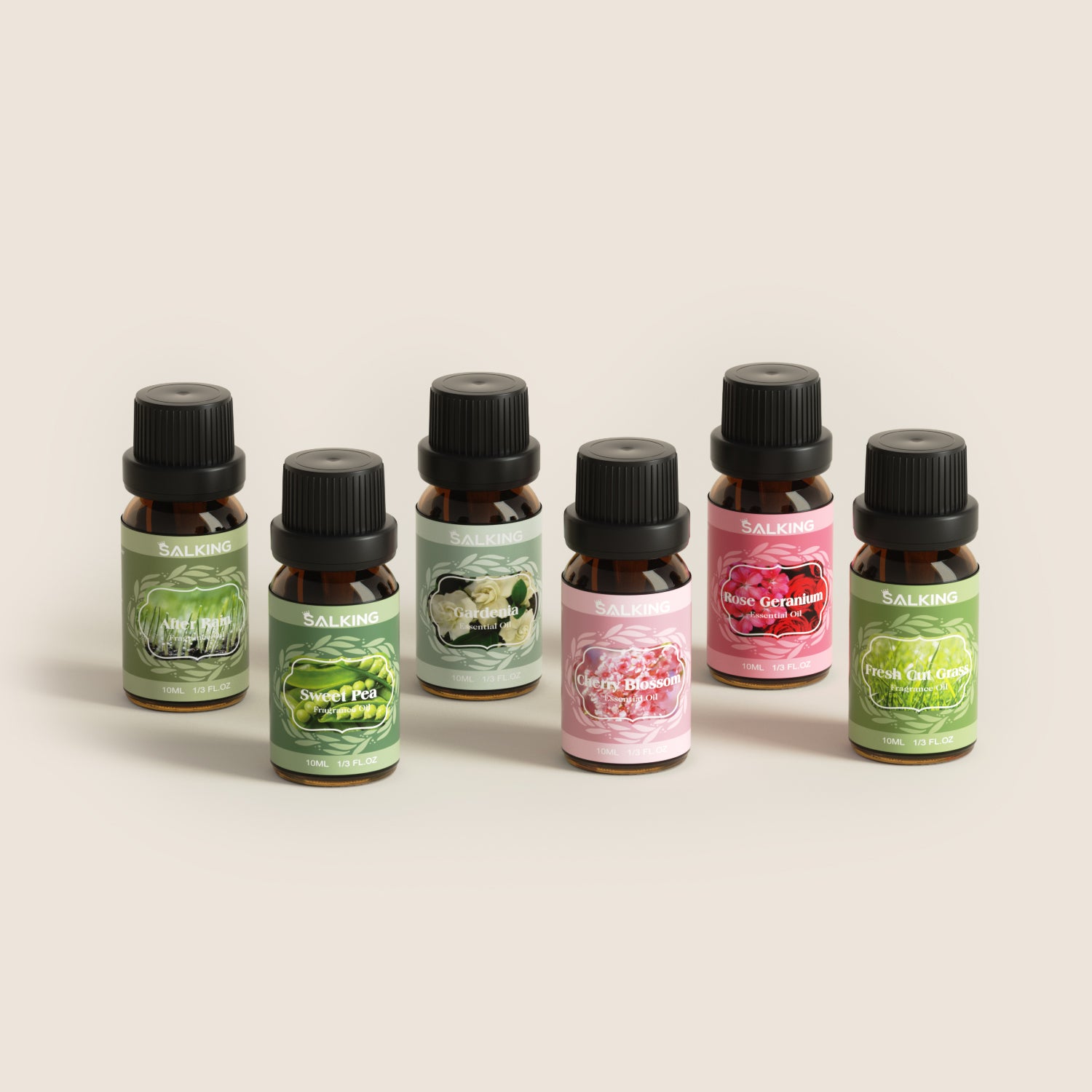 SALKING Spring Diffuser Oils Set: 6x10ml fresh and floral essential oils with vibrant green and pink labels.