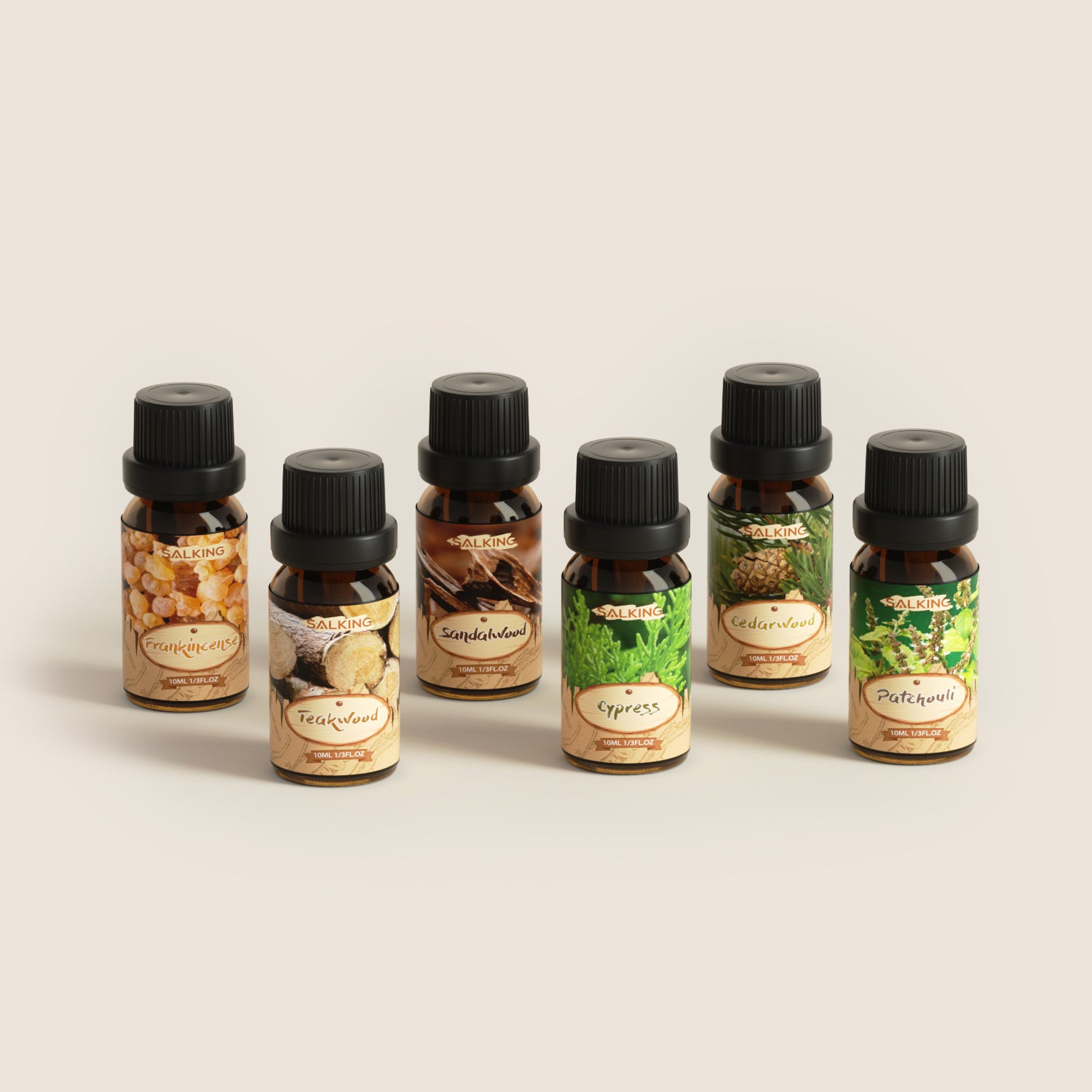 SALKING Woody Diffuser Oils Set: 6x10ml earthy and forest-themed essential oils with botanical labels.