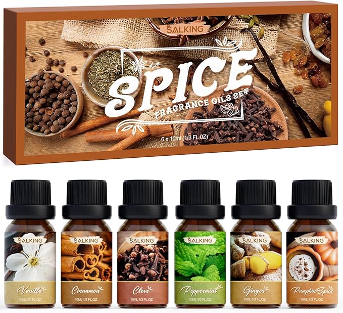 Salking Spice Fragrance Oils set with packaging featuring spices and oils.
