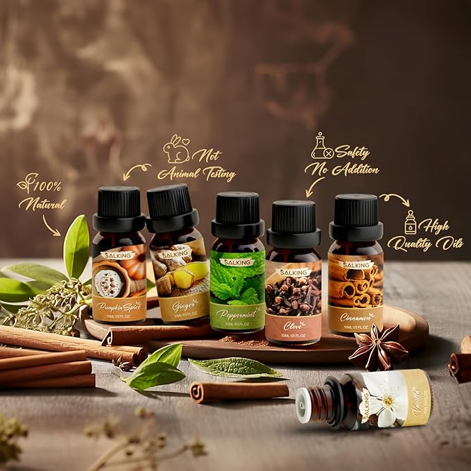 Collection of Balancing Nature essential oil bottles with spices and herbs on a wooden surface.