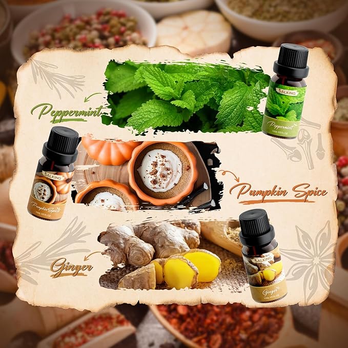 Scent narrative cards for Zesty Ginger, Cooling Peppermint, and Pumpkin Spice with vibrant ingredient-themed artwork.