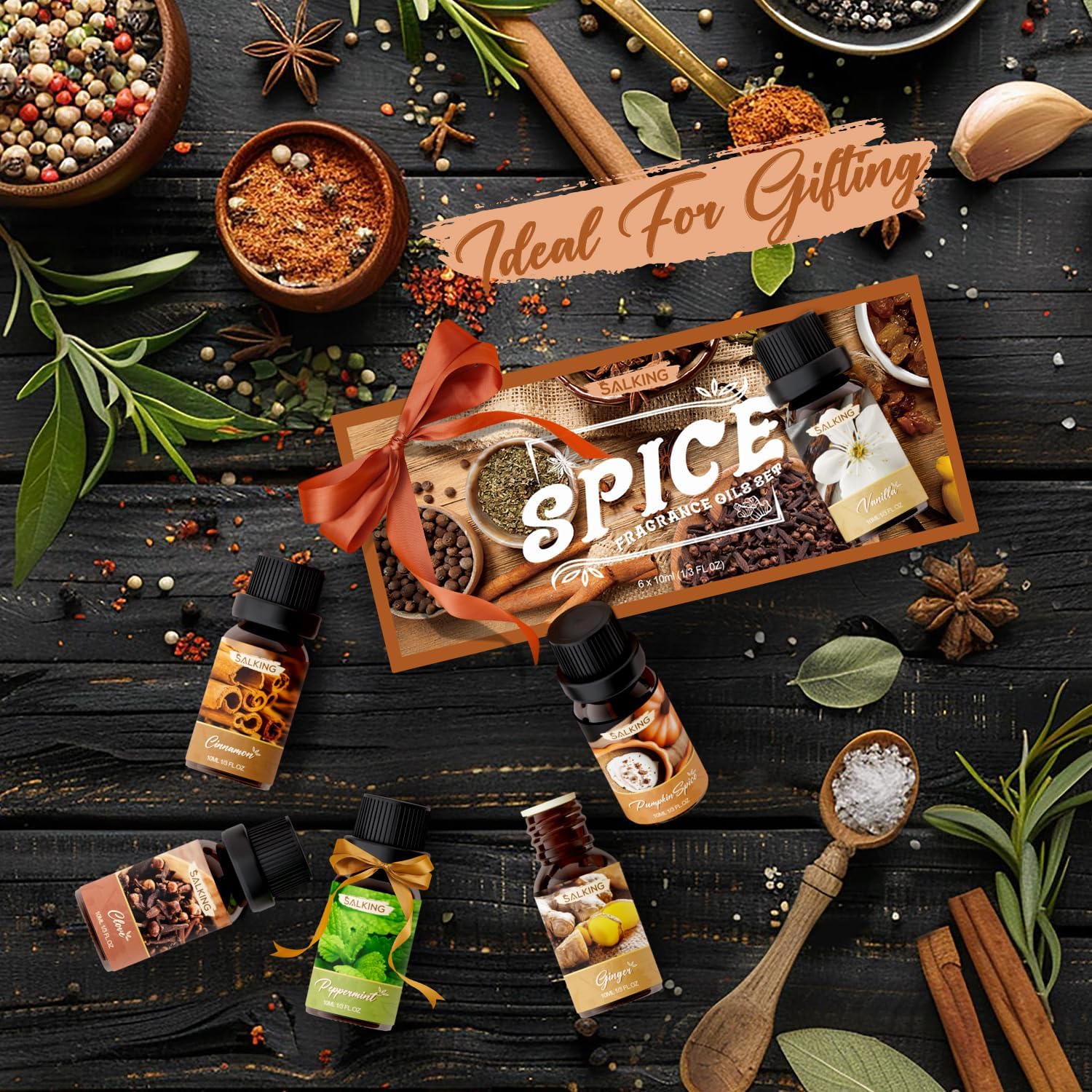Spice collection with bottles and packaging on a wooden surface with herbs and spices.