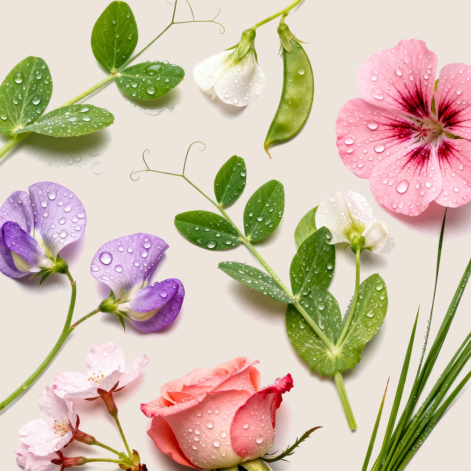 A visual breakdown of spring scent ingredients including fresh pink roses, sweet pea blossoms, and green leaves.