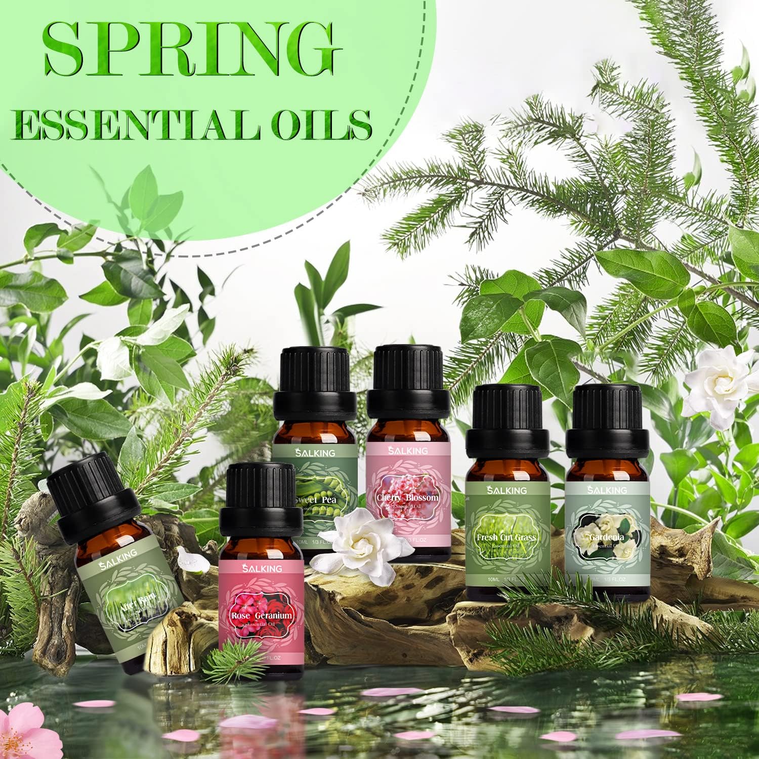 SALKING Spring collection oils displayed in a lush green garden setting, emphasizing natural and airy fragrance.