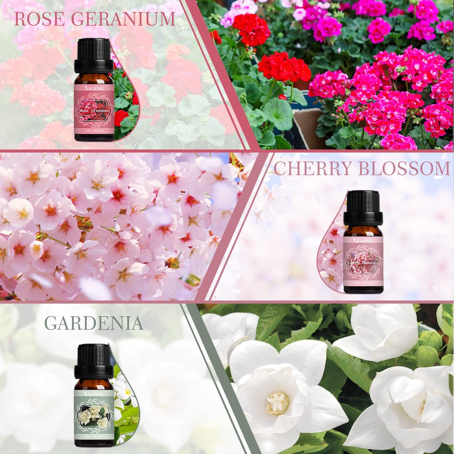 Collage of essential oil bottles with corresponding flower images for Rose Geranium, Cherry Blossom, and Gardenia.