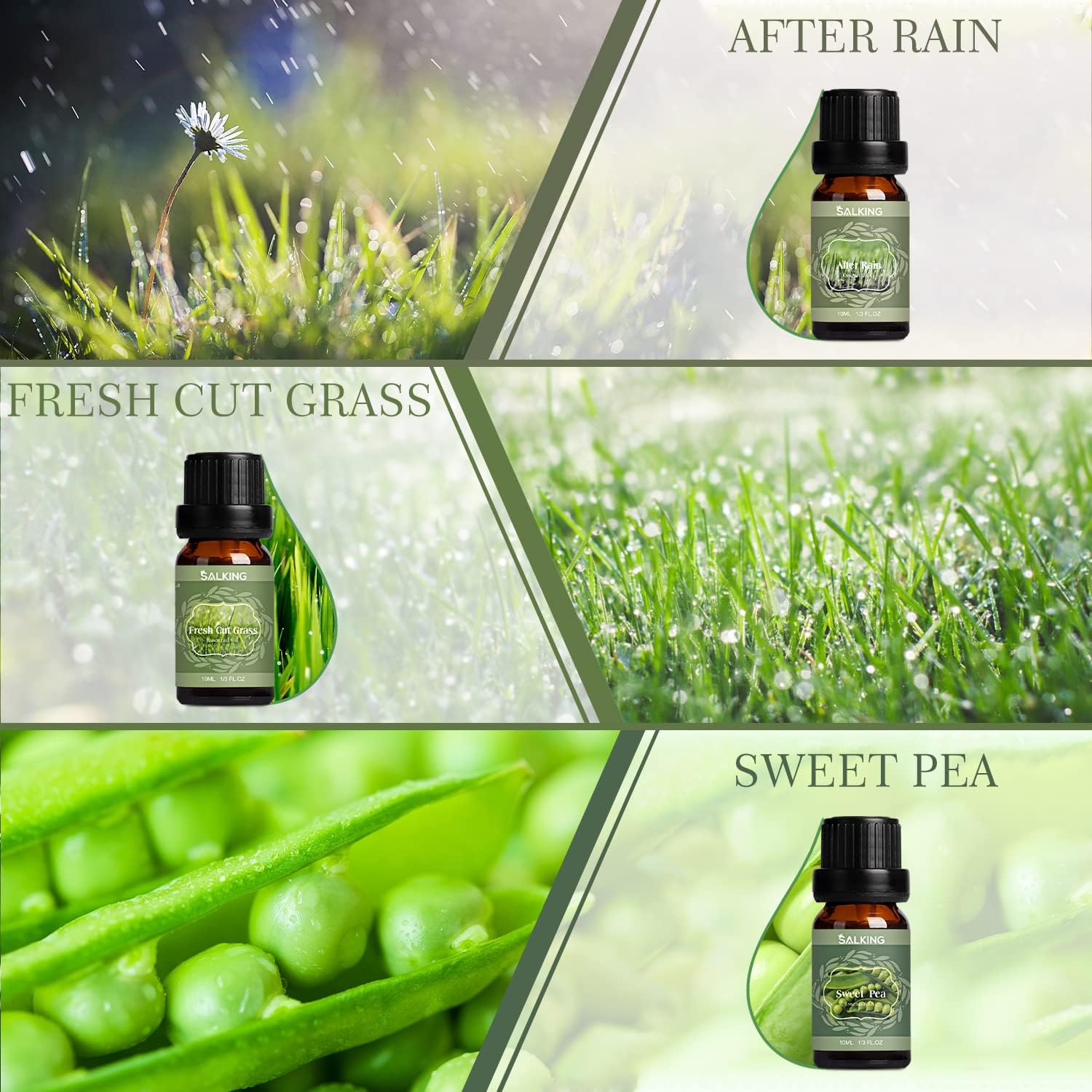 Bottle of 'Green Garden' essential oil with images of grass, rain, and peas labeled 'After Rain', 'Fresh Cut Grass', and 'Sweet Pea'.