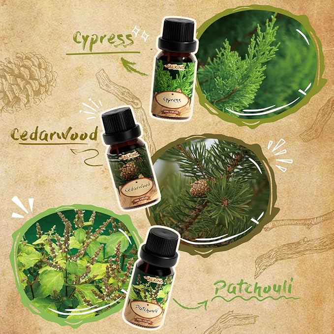 Three essential oil bottles labeled 'Cypress', 'Cedarwood', and 'Patchouli' with corresponding plant illustrations on a textured background.