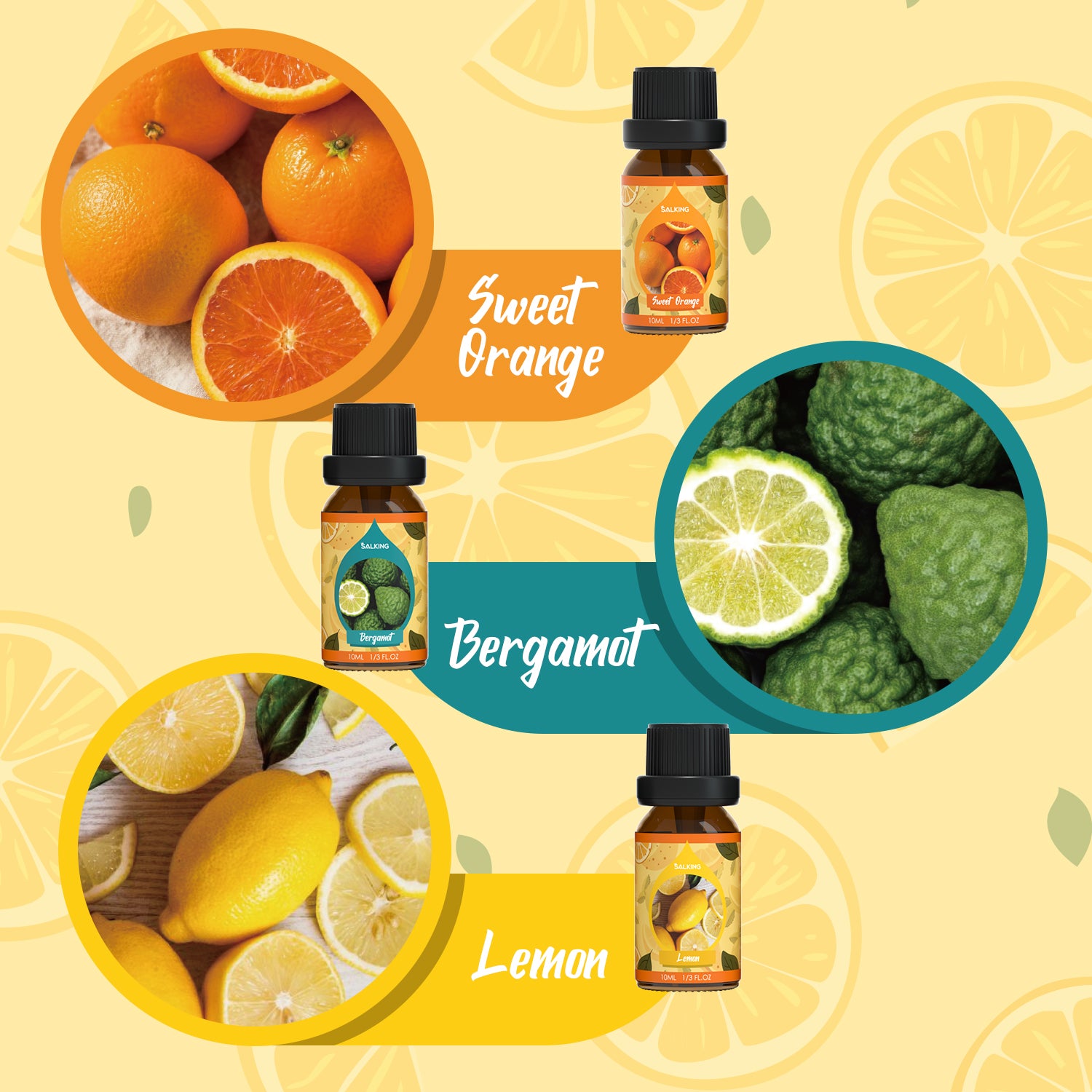 Scent narrative cards for Sweet Orange, Lemon, and Lime with vibrant, sun-drenched fruit illustrations.